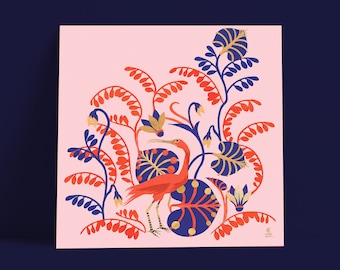 pink flamingo illustration square poster nature