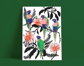 ILLUSTRATION Exotic birds Tropical flowers Green Blue