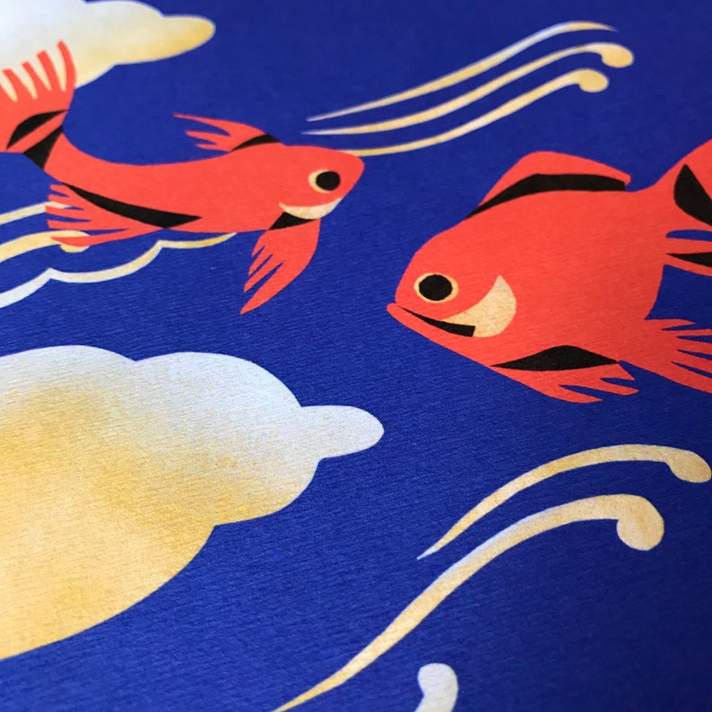 FISH blue, gold and Red illustration wallart artprint image 3