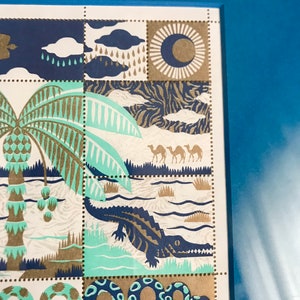 OASIS palmtree crocodile illustration stamps blue and gold positive vibes image 6