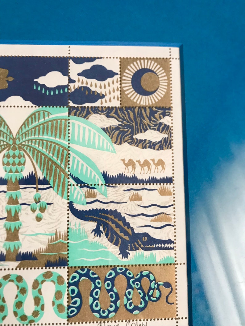 OASIS palmtree crocodile illustration stamps blue and gold positive vibes image 6