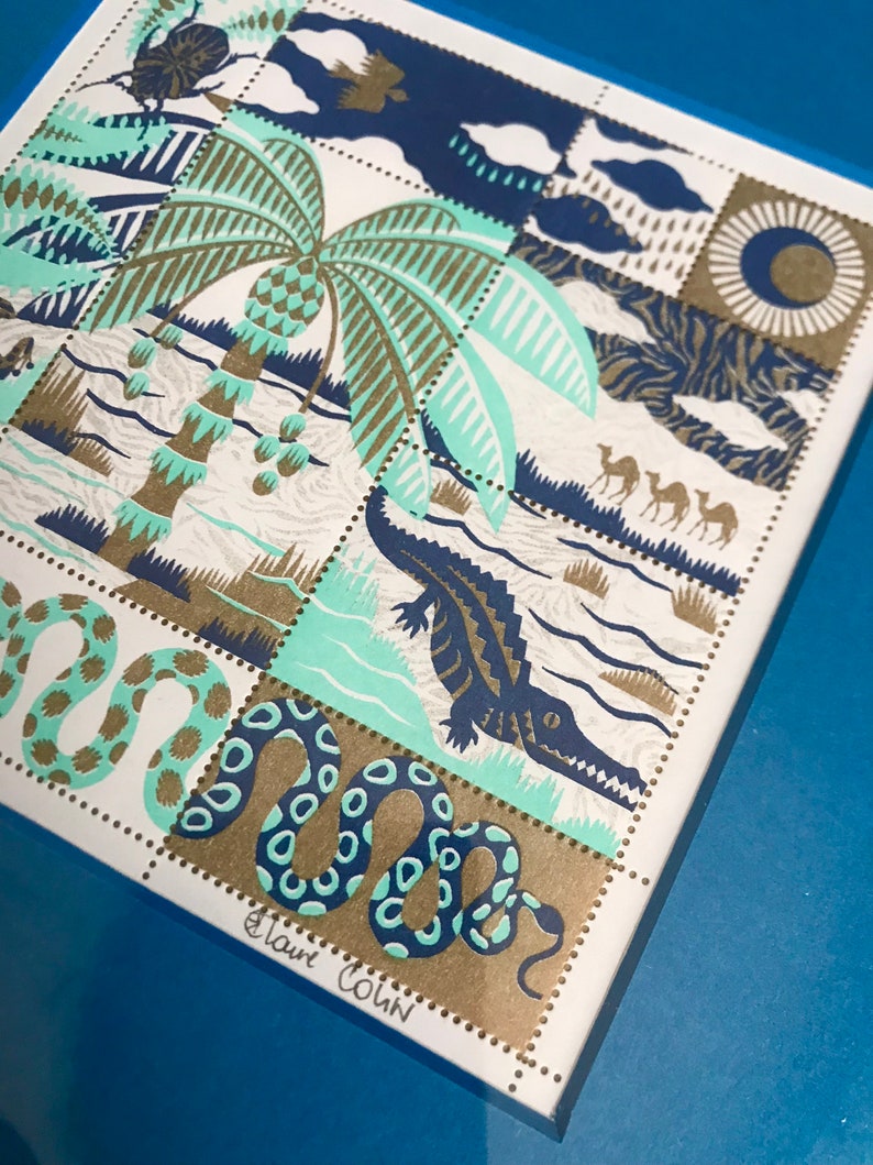 OASIS palmtree crocodile illustration stamps blue and gold positive vibes image 8