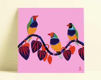 three birds rainbow illustration poster birds wallart