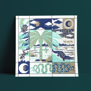 OASIS palmtree crocodile illustration stamps blue and gold positive vibes image 7