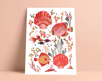 ILLUSTRATION Fishes and seashells Corals GOLD yellow and red under the sea