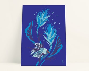 SEAWEED & FISHES  illustration, green foliage, sheets, nature wallart