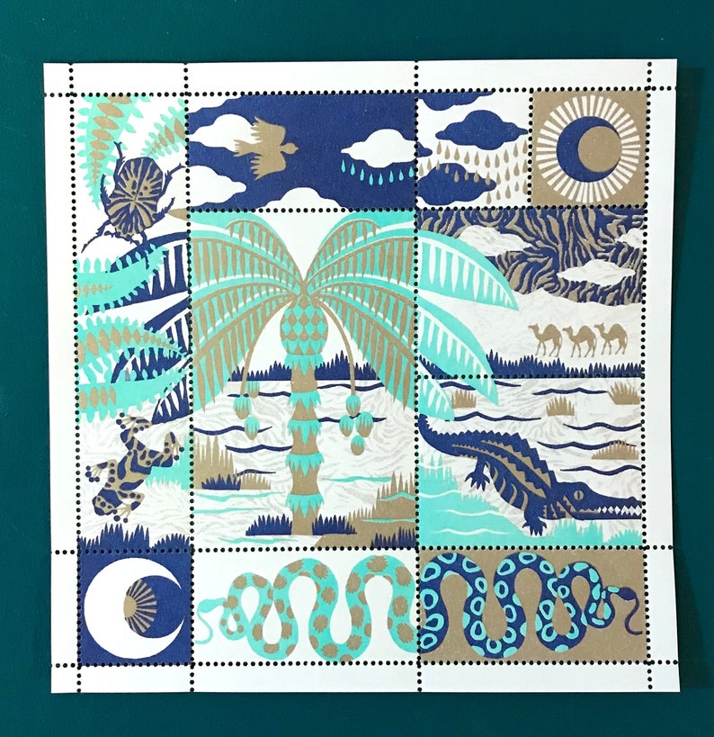 OASIS palmtree crocodile illustration stamps blue and gold positive vibes image 1
