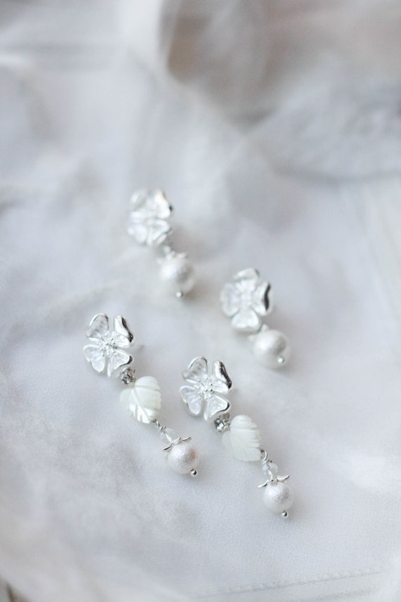 Wedding Bridal Pearl Drop Earrings Bridesmaid Proposal Jewelry Earrings Gift Set Earrings Floral Drop Earrings Set Wedding Gift Set ER-010