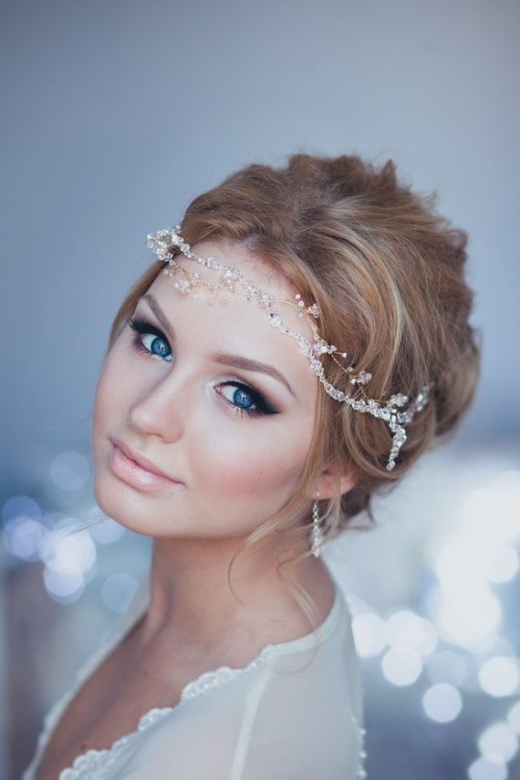 Wedding Halo Hair Piece Bridal Hair Vine Bridal Halo Headband Wedding Wreath Baby Glass Crystal Halo Forehead Piece HV-110