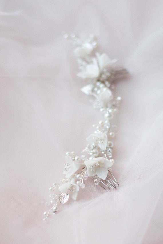 Wedding Hair Comb Frosted Flower Boho Rustic Comb Porcelain Flower Headpiece Bridal Headpiece Bridal Double Back Comb Haarkamm HC-122
