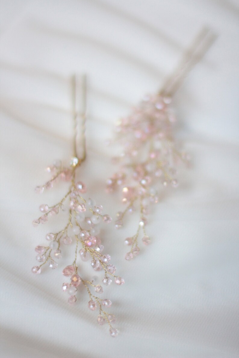 Bridal Hair Pins PAIR Rose Quartz Crystal Pins Pale Pink Dusty Etsy