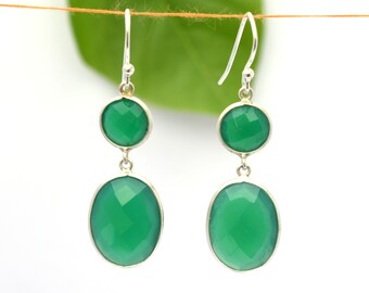 Gold Plated Earrings 925 Stearling Silver Beautiful Dangle Earrings for Women Green Onyx Earrings Bezel Earrings Girls