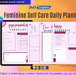 Self Care Daily Planner - Feminine Empower Your Mind, Body, and Soul with Ease and Grace | Editable and Printable Self Care Planner Template