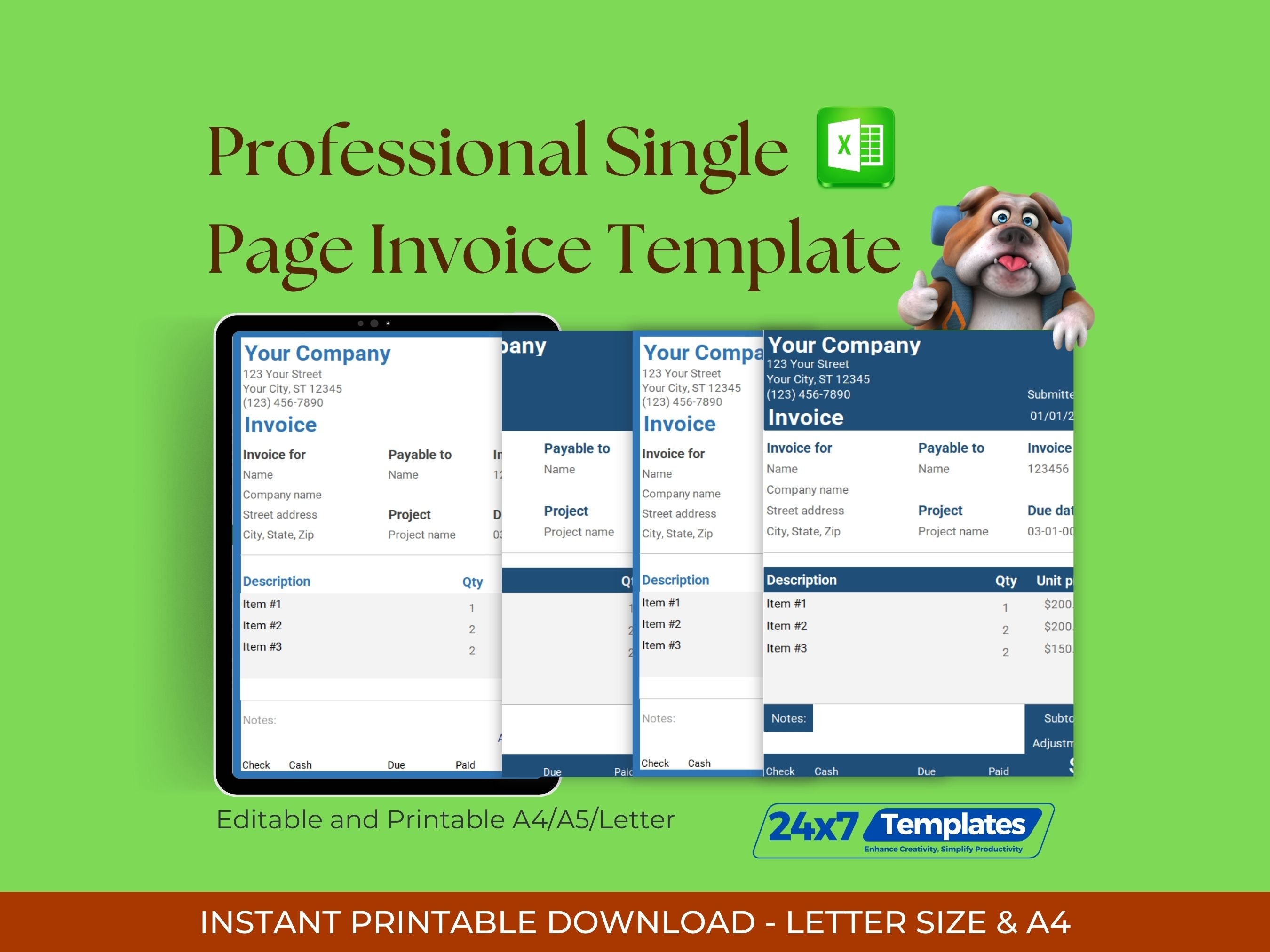 Single Page Invoice Template | Editable Excel Invoice Template for Small Businesses | Printable A4 A5 Letter Size | Simple Billing Solution