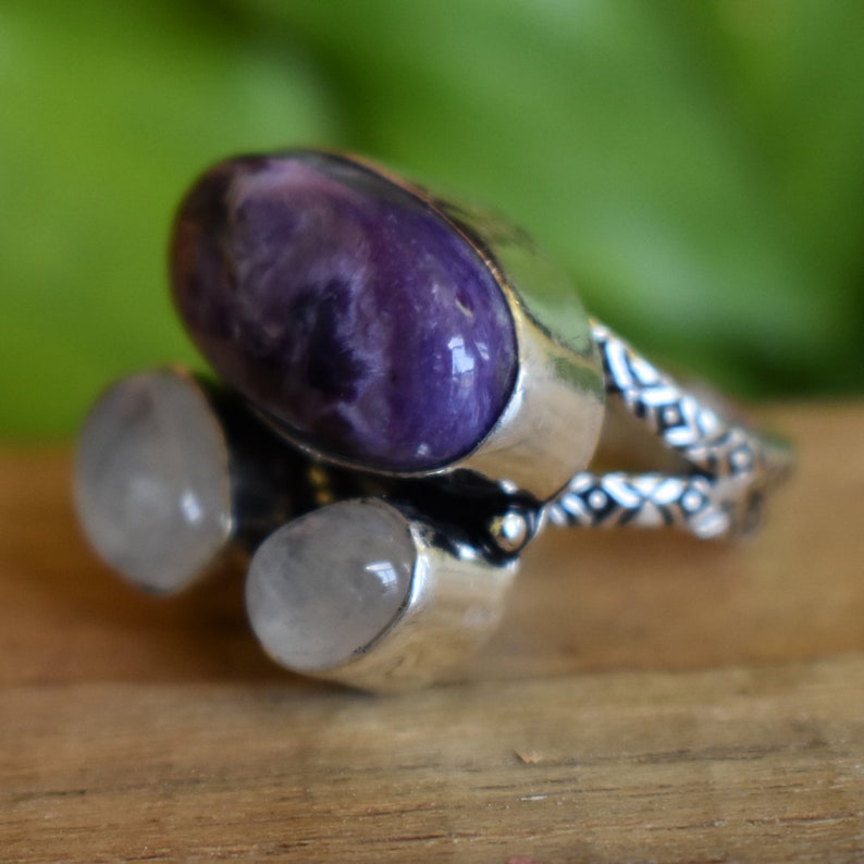Fashion Ring Handcrafted Fashion Ring Chavorite /& Rainbow Moonstone Ring Lovely Stone Ring AJR-1374 Purple and White Gemstone Ring