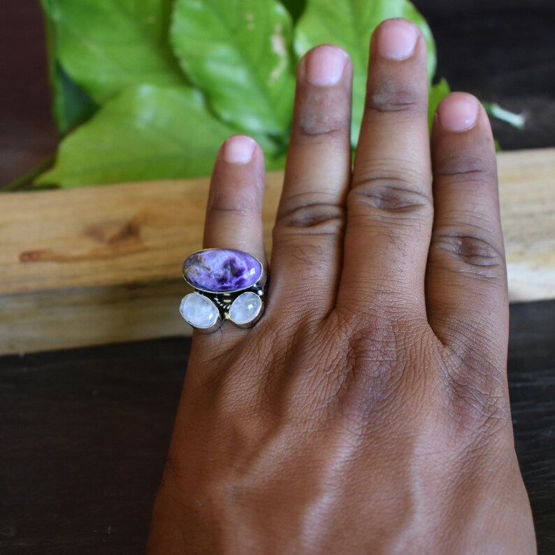 Fashion Ring Handcrafted Fashion Ring Chavorite /& Rainbow Moonstone Ring Lovely Stone Ring AJR-1374 Purple and White Gemstone Ring