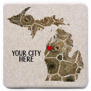 Your City or Town Petoskey Stone Michigan Coasters | Drink Barware | Housewarming Gift