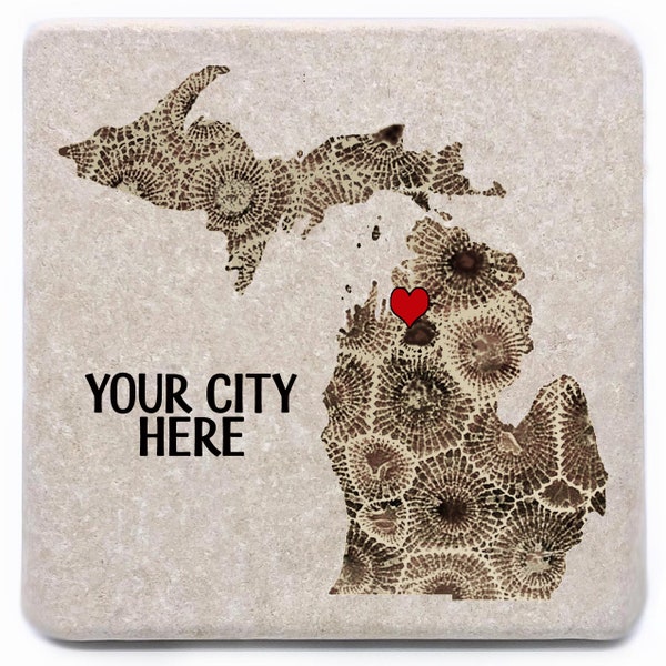 Your City Petoskey Stone Michigan Coasters, Michigan Decor, Michigan Gift, Marble Stone Tile, Drink Barware, Housewarming Gift, Man Cave