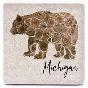 May include: A brown bear silhouette with a pattern of brown circles on a beige background. The word "Michigan" is written in black cursive below the bear.