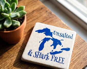 Great Lakes Unsalted & Shark Free Coaster | Michigan Gift | Stone Tile | Drink Barware