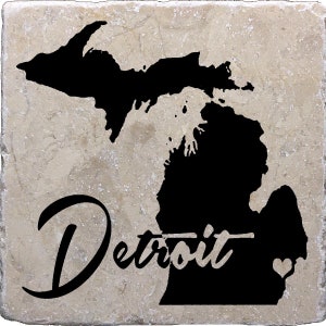 Detroit Michigan Coasters, Michigan Decor, Michigan Gift, Marble Stone Tile, Drink Barware, Housewarming Gift, Home Decor, Man Cave