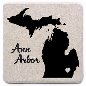 Ann Arbor Michigan Coasters, Michigan Decor, Michigan Gift, Marble Stone Tile, Drink Barware, Housewarming Gift, Home Decor, Man Cave