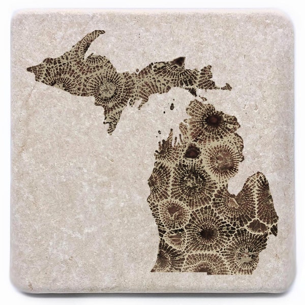 Petoskey Stone Michigan Coasters, Michigan Decor, Michigan Gift, Marble Stone Tile, Drink Barware, Housewarming Gift, Home Decor, Man Cave