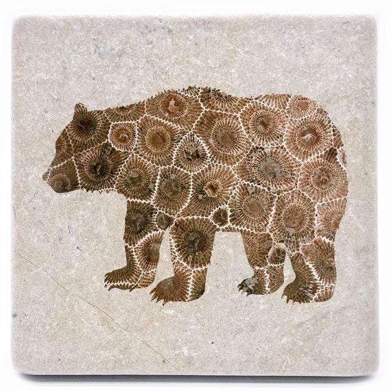 Petoskey Stone Bear Stone Coasters, Michigan Decor