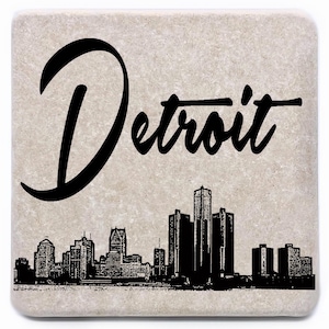 Detroit Skyline Michigan Coasters, Michigan Decor, Michigan Gift, Marble Stone Tile, Drink Barware, Housewarming Gift, Home Decor, Man Cave