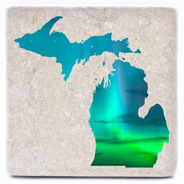 Northern Lights Coasters, Get Your State, Michigan Decor, Michigan Gift, Marble Stone Tile, Drink Barware, Housewarming Gift, Man Cave