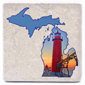 Michigan Lighthouse Photo Coasters. Michigan Coasters, Michigan Gift, Marble Stone Tile, Barware, Housewarming Gift, Home Decor