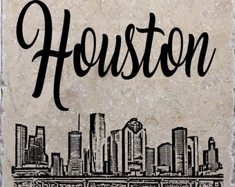 Houston Skyline Texas Coasters, Texas Decor, Texas Gift, Marble Stone Tile, Drink Barware, Housewarming Gift, Home Decor, Man Cave