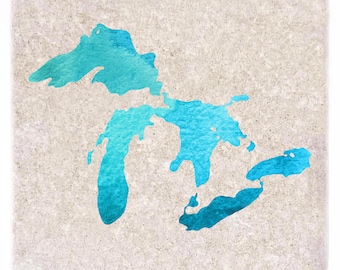 Great Lakes Watercolor Coasters, Michigan Decor, Michigan Gift, Stone, Drink Barware, Housewarming, Home Decor, Man Cave