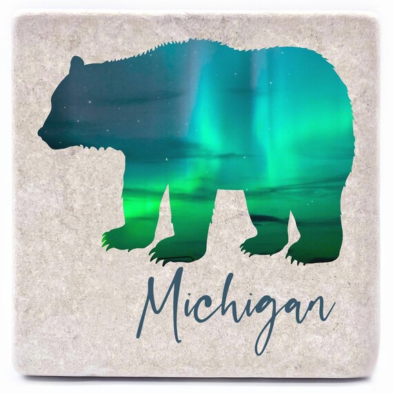 Bear Northern Lights Stone Coaster, Michigan Gift