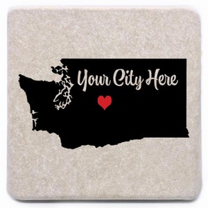 May include: Black and white outline of the state of Washington with the text "Your City Here" and a red heart in the center.