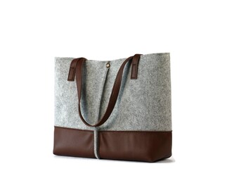 Leather tote bag, handmade bag,felt bag,felt & leather shoulder bag, tote, large tote bag, felt tote bag