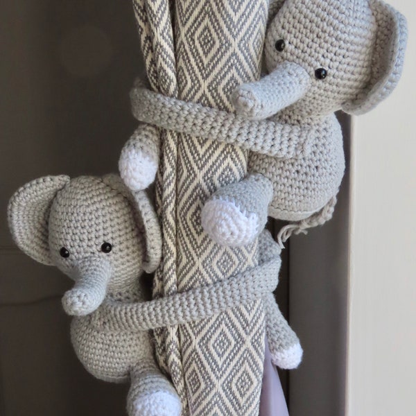 Elephant Nursery Curtain Tiebacks,Crochet Elephant Curtain Tiebacks,Animal Curtain Tiebacks,Nursery Tiebacks,Zoo theme