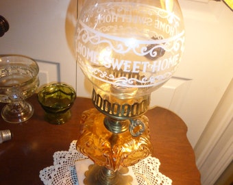 Antique Amber Parlor Table Lamp With Diamond/quilted Glass Shade