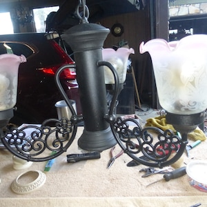 Vintage Antique Victorian Cast Iron 3 Arm Chandelier Glass Shades 110123 A