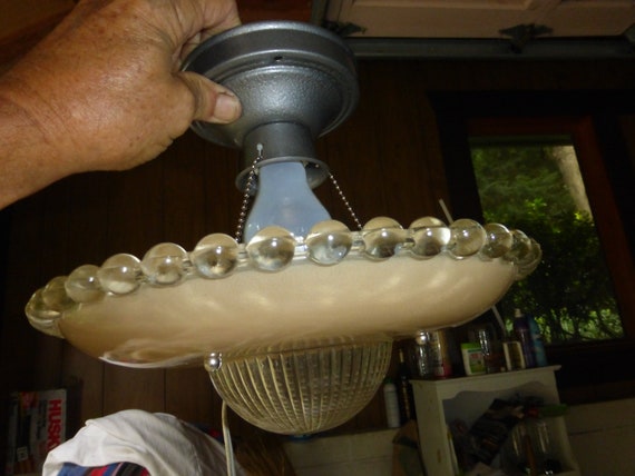 Antique 3 Chain Vintage Glass Peach Pink Ceiling Light Fixture Image 0