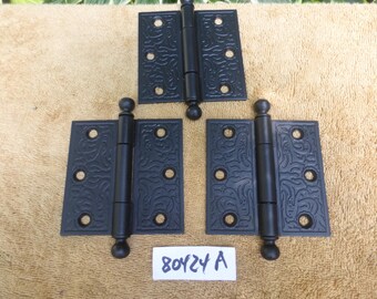 3 Vintage Antique 3.5x3.5 Cast Iron Victorian Cannonball Tip Hinges 82424 D