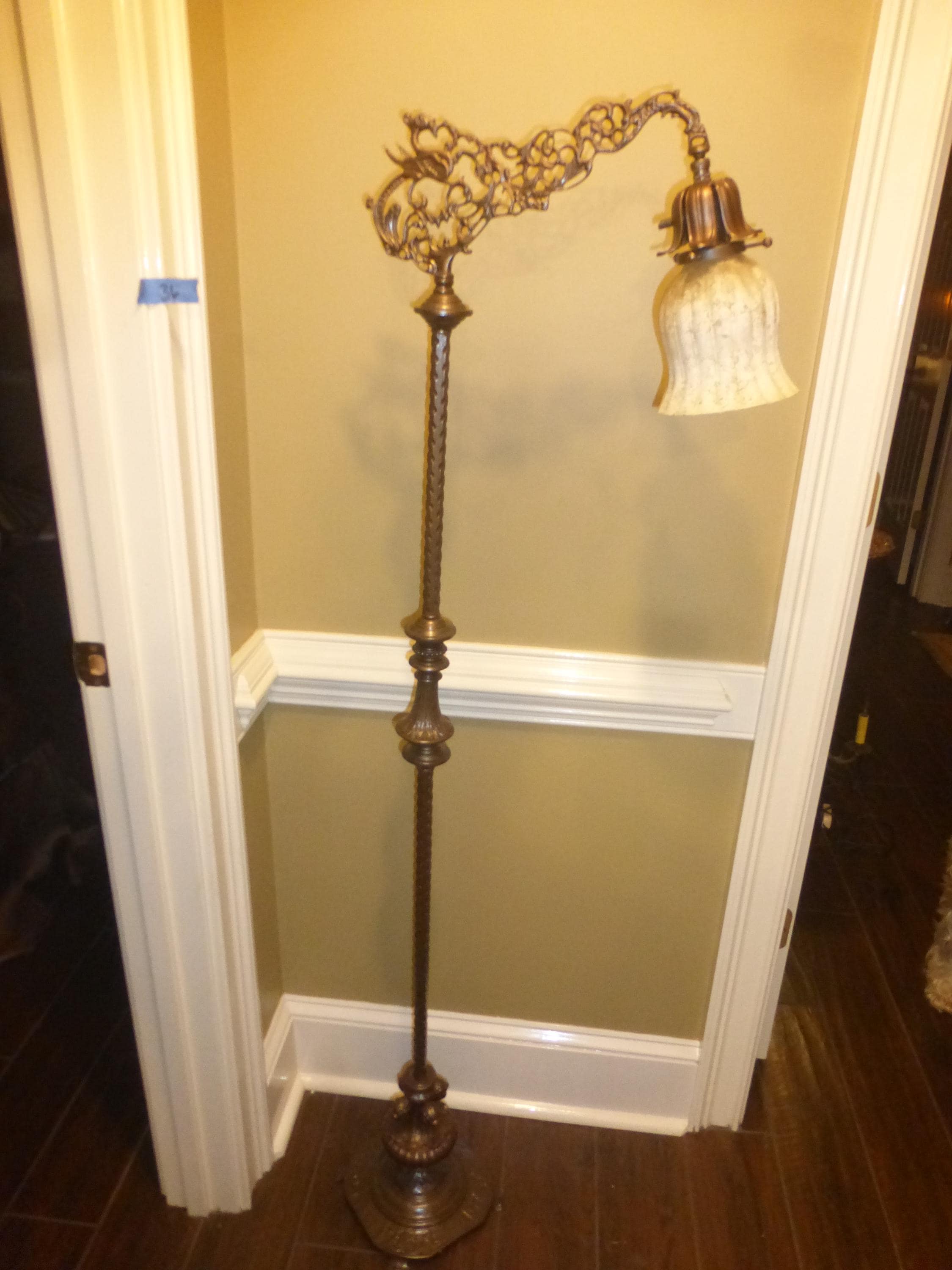 ヴィンテージ フロアランプ 革 アイアン 真鍮 ヴィンテージアンティーク装飾ビクトリア朝真鍮/鉄ブリッジフロア