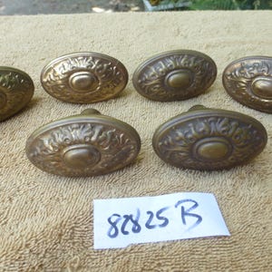 Może przedstawiać: Sześć antycznych, owalnych gałek do drzwi z mosiądzu z ozdobnymi detalami kwiatowymi. Gałki ułożone są na beżowej powierzchni. Widoczna jest mała biała etykieta z numerami "82825 B".