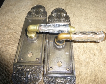 Vintage Antique 4 PC Brass Bronze Crystal Door Handle  Set 1521 A