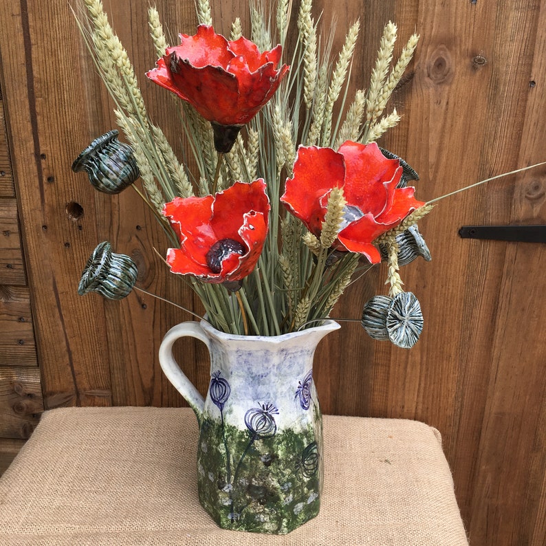 3 ceramic poppy seed heads 3 single decorative stems for a Etsy