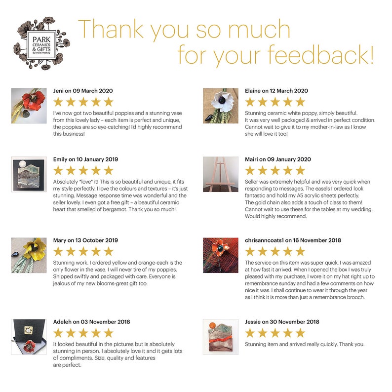 a page of 5 star reviews from customers for the pottery studio called park ceramics and gifts