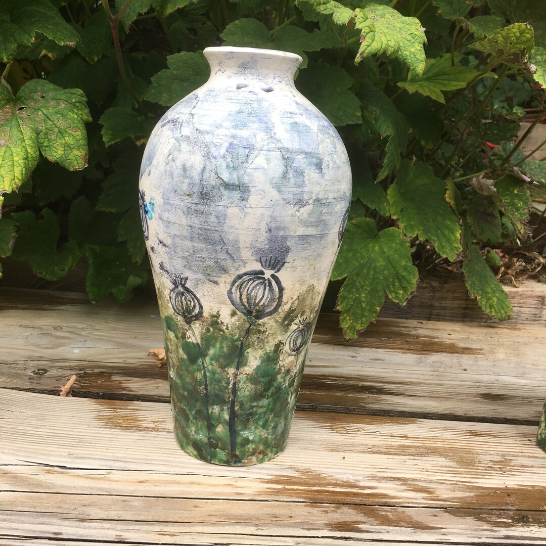 Handmade Vase With Handle, Pottery Cider Jar, Farmhouse Decor, Meadow