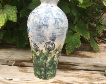 Handmade vase with handle, pottery cider jar, farmhouse decor, meadow field country design