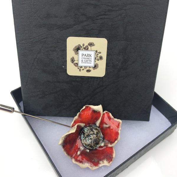 Red flower pin, poppy flower brooch, handmade ceramic poppy lapel, hat, scarf jewellery on long silver pin