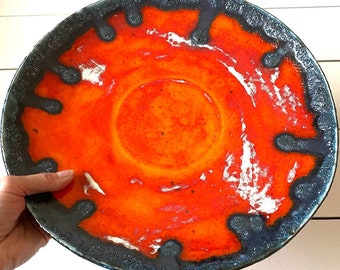 Large Orange ceramic platter bowl - retro mid century design with black lava glaze detail